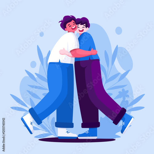 Hug illustration. Two men hugging. Describe good feelings and emotions. With leaves and clouds in the background. Great for Hug day posters, t-shirt designs, logos, greeting cards.