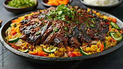 A vibrant food shot on a platter features sliced meat, vibrant rice, and crisp vegetables, such as zucchini and carrots, enhanced by fresh cilantro