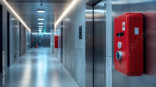 Modern office corridor with fire safety equipment and elevator doors