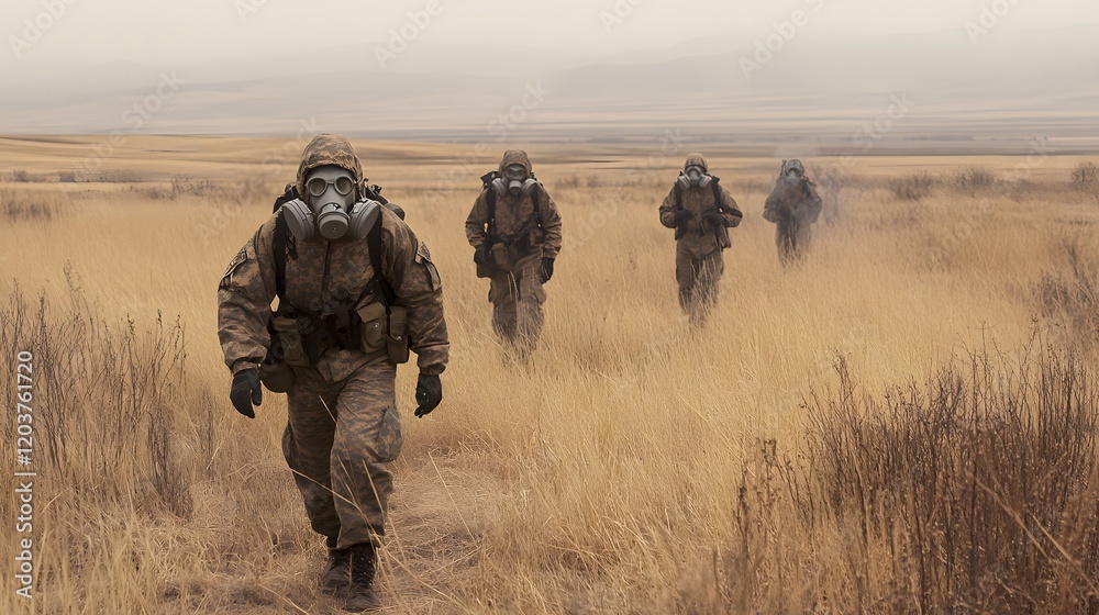 Soldiers in gas masks maneuvering through a simulated chemical warfare training field. Soldiers in gas masks maneuvering through a simulated chemical warfare training field.