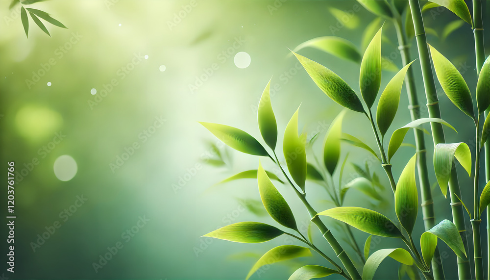 Fototapeta premium Green bamboo leaves are captured in soft natural light, with a blurred background creating depth and focus. The vibrant green tones of the leaves stand out, Generative AI