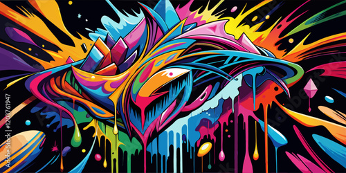 Colorful graffiti art with vibrant letters and dynamic shapes.