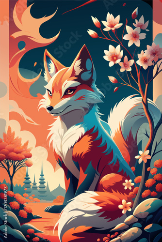 Mystical Fox in a Serene Forest with Blossoming Flowers and Ancient Temples.