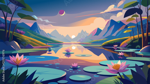 Tranquil Lake with Blooming Lotuses and Mountain Reflections.