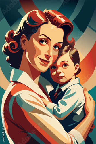 Stylish Retro Mother and Child Portrait with Warm Embrace.
