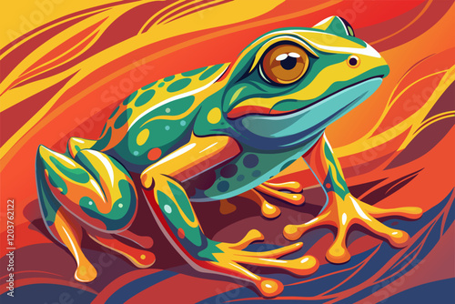 Colorful tropical frog sitting on a branch in a vibrant jungle setting.