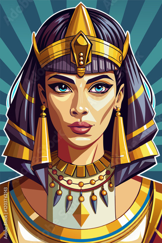 Egyptian Queen in Majestic Attire with Ornate Headdress and Jewelry.