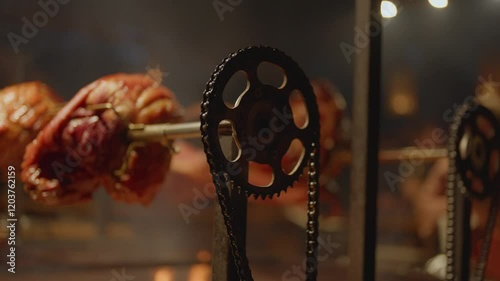 A meat grinder with a chain and a man in the background. The man is wearing a green shirt