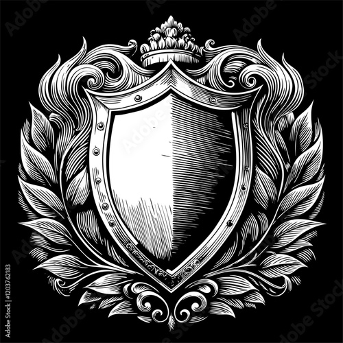 Vintage Heraldic Shield with Decorative Leaves and Crown.
