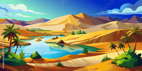 Oasis in the Desert with Palm Trees and a Calm Lake.