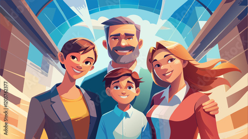 Modern Family Taking a Selfie in a Beautiful Cityscape.