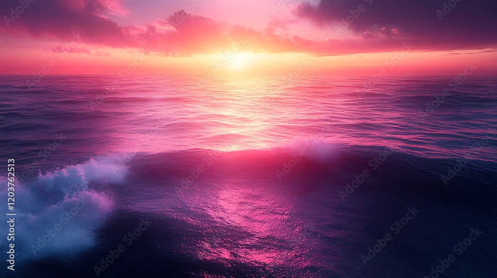 Fototapeta premium Crimson Sunset Over Ocean: A breathtaking aerial view captures a vibrant sunset painting the ocean with hues of crimson, pink, and purple. Waves crash gently, reflecting the fiery colors of the sky.