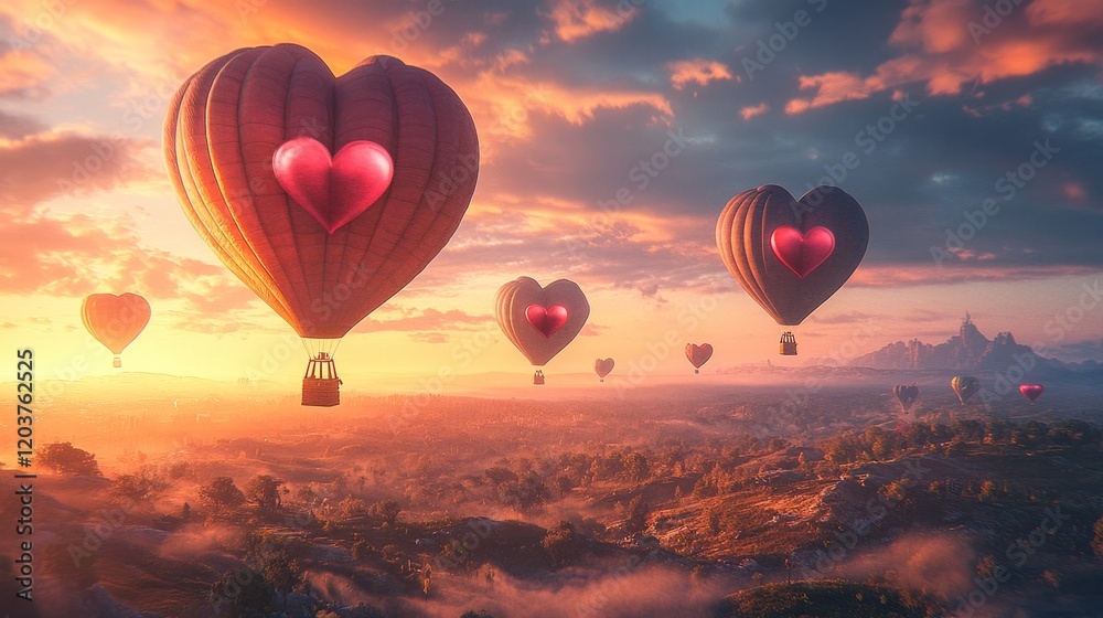 Obraz premium A Valentine's Day themed hot air balloon ride, with heart-shaped balloons soaring high above a scenic landscape