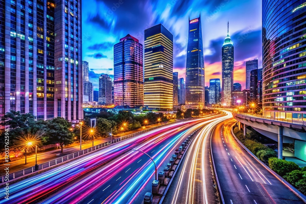 Fototapeta premium Long Exposure City Lightscape at Night, Urban Blurred Motion, Abstract Cityscape Photography