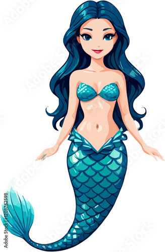 Illustration of a Blue-Haired Mermaid Front View Vector