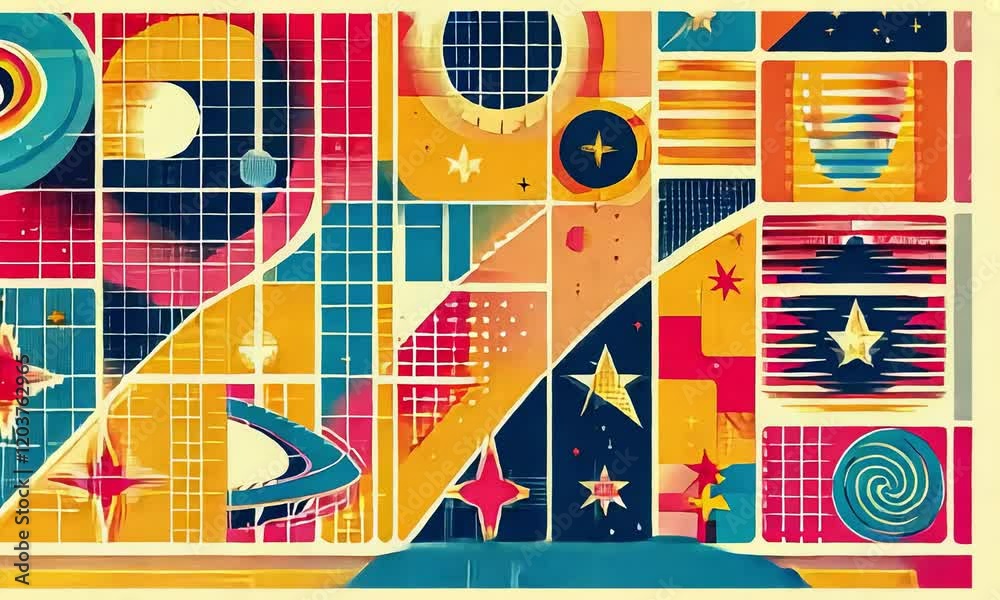 Colorful Geometric Abstract Design Featuring Cosmic Elements, Stars, and a Playful Vibe for Modern Art Enthusiasts Colorful Geometric Abstract Design Featuring Cosmic Elements, Stars, and a Playful Vibe for Modern Art Enthusiasts