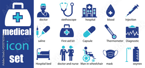 Medical  Icons set. Featuring detailed illustrations of Hospital, patient, medicine, pharmacy, nurse, prescription and medical report.  Cohesive set of scalable vector icons.