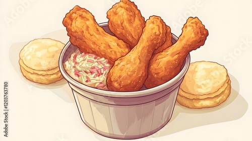 A bucket of golden fried chicken legs with a side of coleslaw and biscuits.