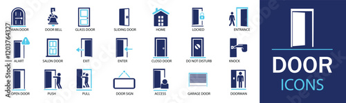 Door icon set. Featuring detailed illustrations of enter, exit, doorbell, knock, open door, home, closed door, pull and push symbol. Solid Cohesive set of scalable vector icons
