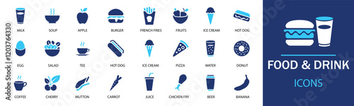 Food and drink icon set.  Containing burger, soda, bread, cocktail, pizza, beer, apple, coffee, water  and more. Solid vector icons collection.