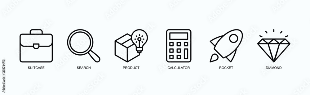 Elevate Icons Set Icon Set Isolated Vector Illustration Concept With Icon Of Suitcase, Search, Product, Calculator, Rocket, Diamond In Outline Style Elevate Icons Set Icon Set Isolated Vector Illustration Concept With Icon Of Suitcase, Search, Product, Calculator, Rocket, Diamond In Outline Style