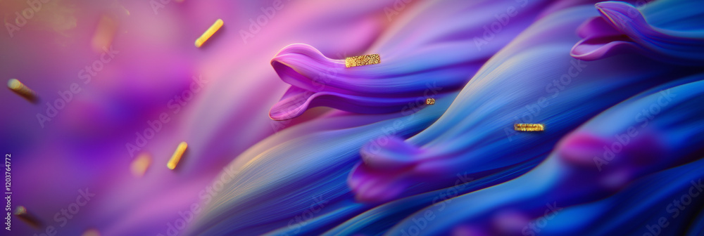 Obraz premium Abstract floral artwork with vibrant blue and purple hues, accented by gold details. Dreamy and surreal.