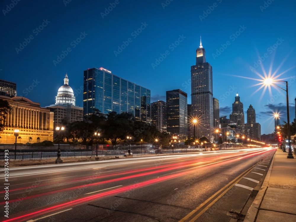 Fototapeta premium Long Exposure Panoramic Cityscape at Night - Vibrant Lights and Motion Blur