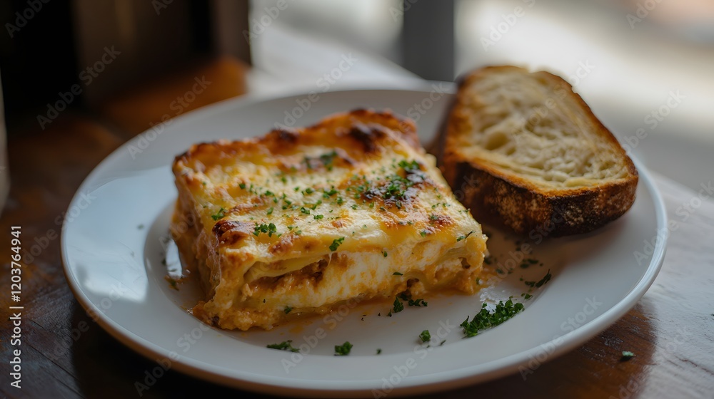 A cheesy slice of lasagna served on a white plate with garlic bread on the side. A cheesy slice of lasagna served on a white plate with garlic bread on the side.