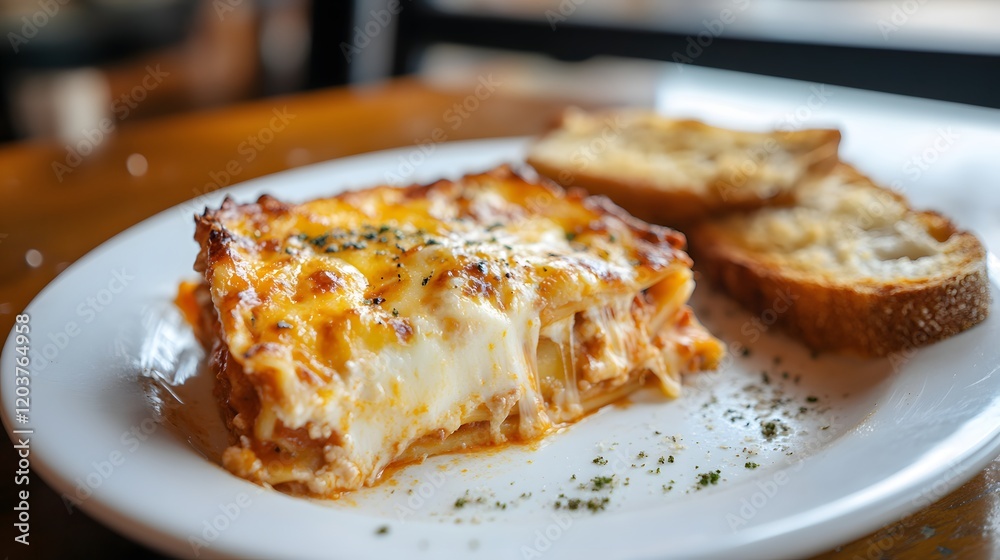 A cheesy slice of lasagna served on a white plate with garlic bread on the side. A cheesy slice of lasagna served on a white plate with garlic bread on the side.