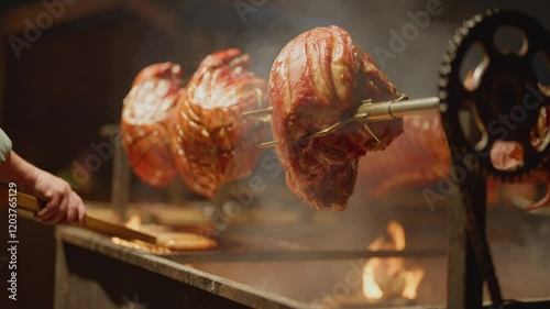 A person is cooking meat on a spit. The meat is being cooked over an open flame. The person is using a long wooden stick to turn the meat. The scene is set in a kitchen with a lot of smoke