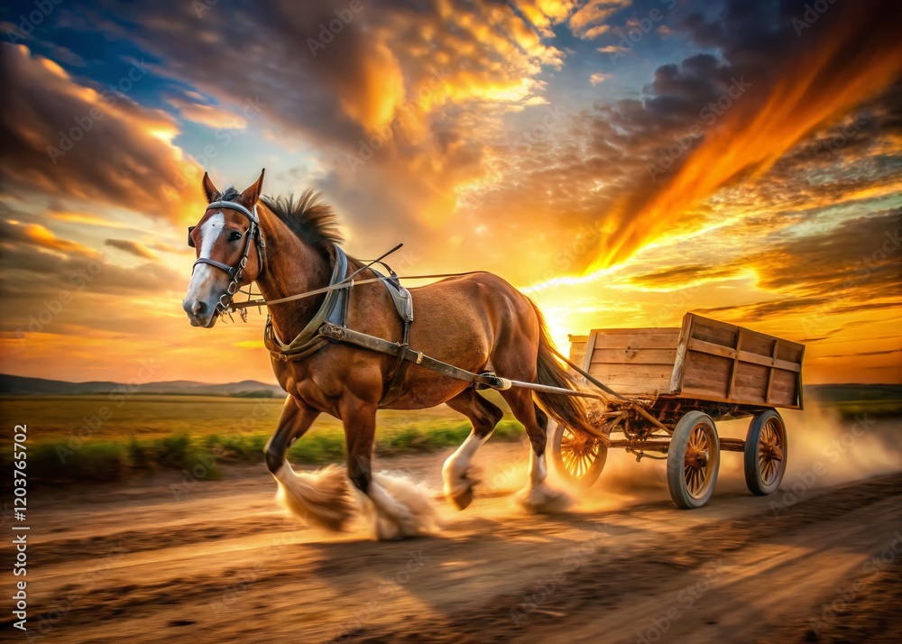 Obraz premium Long Exposure Photo of Draft Horse Pulling a Wagon at Sunset