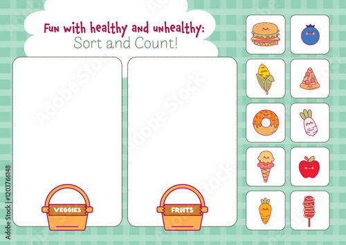 Flat Design Vector Cute Cut and Paste Sorting and Counting Healthy and Unhealthy Food Education Worksheet. Fun Printable for Kids to Learn Recognizing Healthy and Unhealthy Foods and Motor Skills. 