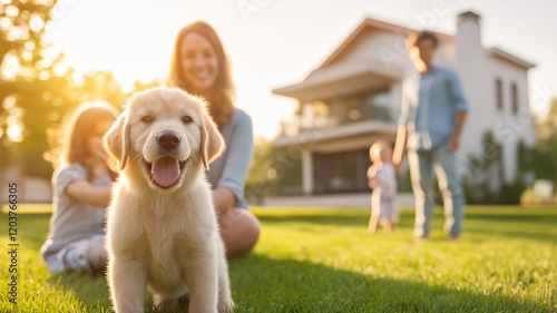 happy family enjoying time with their puppy on sunny lawn. children play nearby while parents watch, creating joyful and warm atmosphere