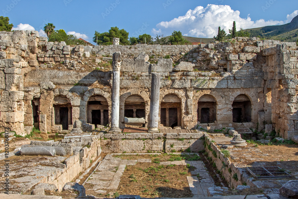 The Ancient Fountain of Peirene in Ancient Corinth, a historic landmark known for its architectural beauty and significance in Greek and Roman history