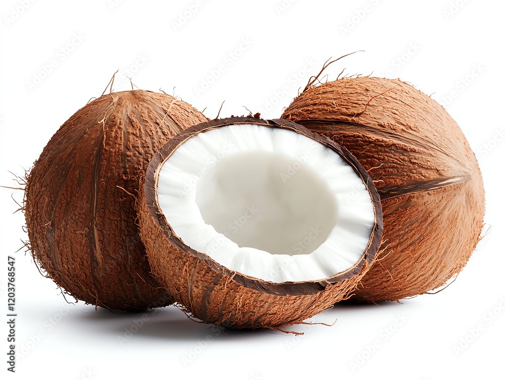 A coconut clipart, tropical element, hyperrealistic style, brown and white, isolated on white background A coconut clipart, tropical element, hyperrealistic style, brown and white, isolated on white background