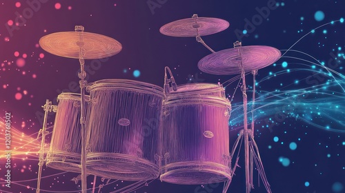 Abstract sketch of a drum kit with vibrant light trails. photo