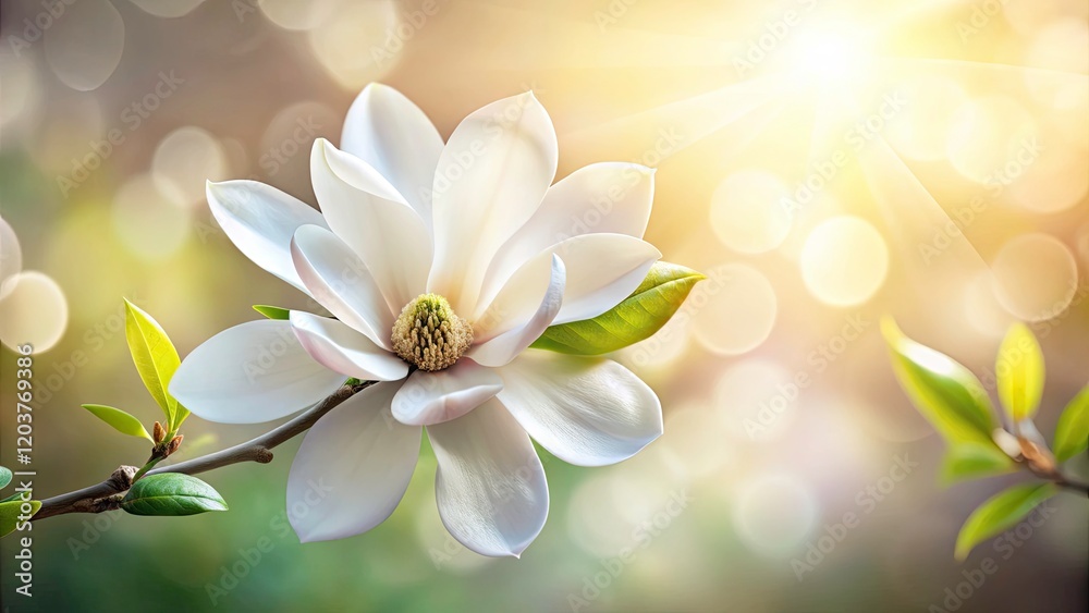 Fototapeta premium White Magnolia Blossom on a Branch with Delicate Petals in Soft Focus - Ideal for Nature and Floral Themes