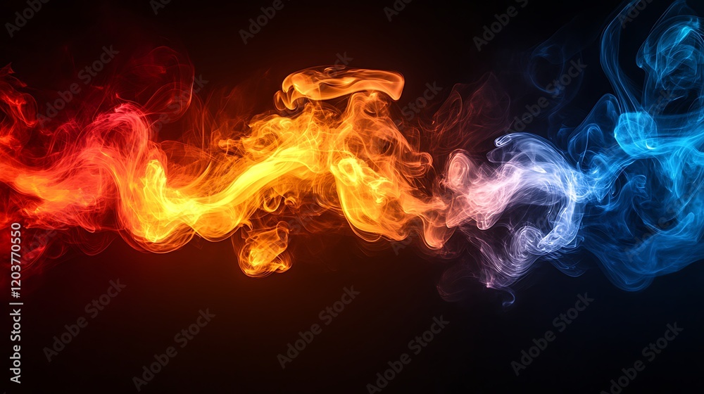 Fototapeta premium Abstract Fire and Ice: A mesmerizing swirl of fiery orange and cool blue smoke billows across a dark background, creating an ethereal and dramatic abstract composition.