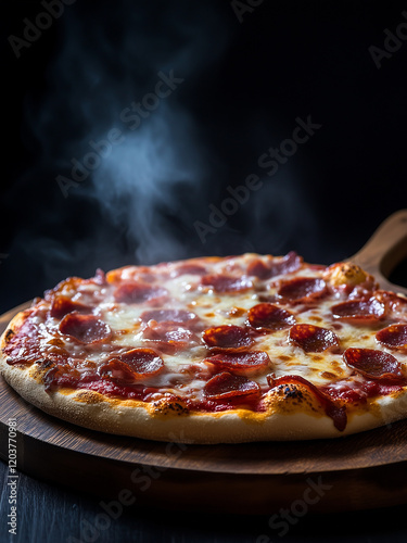 Hot big pepperoni pizza tasty pizza with steam smoke
