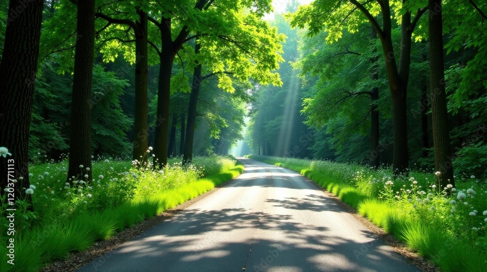 Obraz premium Serene Pathway Through a Lush Green Forest Canopy Bathed in Sunlight with Delicate White Blossoms Lining the Road