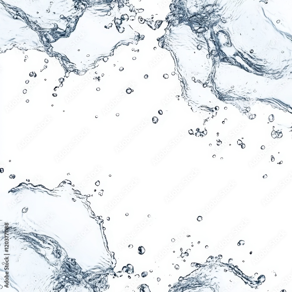 Dynamic Water Splashes Isolated on White Background, Fluid Motion, Freshness, Purity, Nature, Minimalist Design Dynamic Water Splashes Isolated on White Background, Fluid Motion, Freshness, Purity, Nature, Minimalist Design