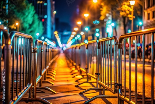 Low Light Crowd Control Barrier at Night, Security Fence, Urban Scene