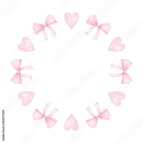 heart, bow. Watercolor round frame template in pastel colors for textile and wrapping paper. Cute watercolor illustration for Valentine's Day