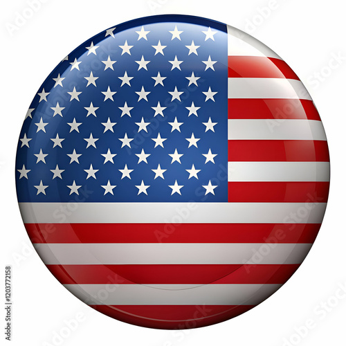 A glossy round button with the American flag design.