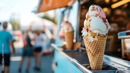A food truck serving freshly made ice cream cones on a hot summer day.