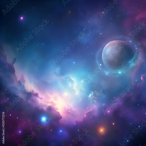 A dreamy planet with glowing rings in a cosmic nebula.