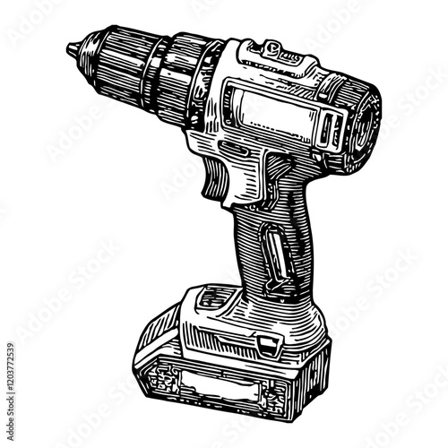 Cordless Drill Detailed Black and White Outline Line Art Drawing for Construction Tool Project