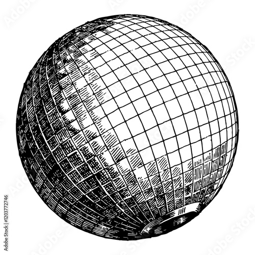 Disco Ball Sphere Black and White Outline Line Art Drawing with Engraved Detail and Retro Style