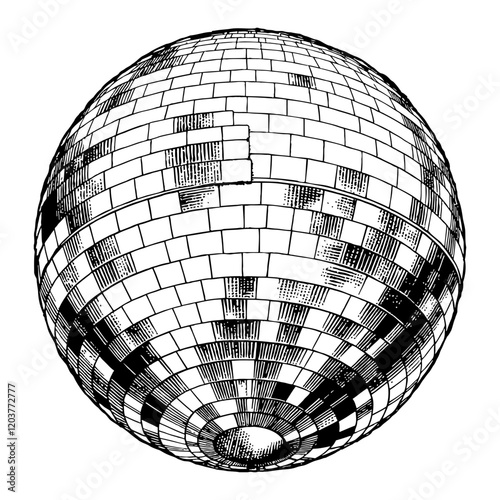 A Disco Ball Detailed Sphere Shape with Mirror Tiles in Black and White Outline Line Art Drawing