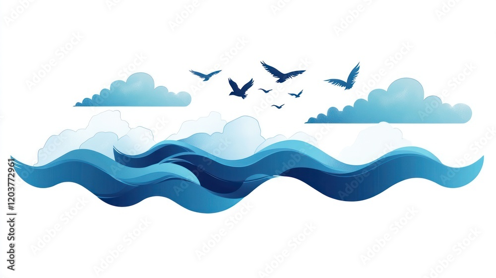 Paper art ocean waves, clouds, and birds. Paper art ocean waves, clouds, and birds.